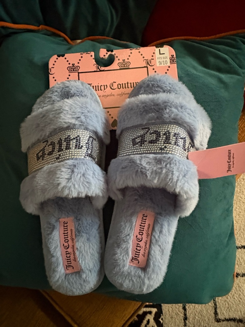 Juicy Couture Blue Fuzzy Rhinestone Logo Slides slippers 9/10